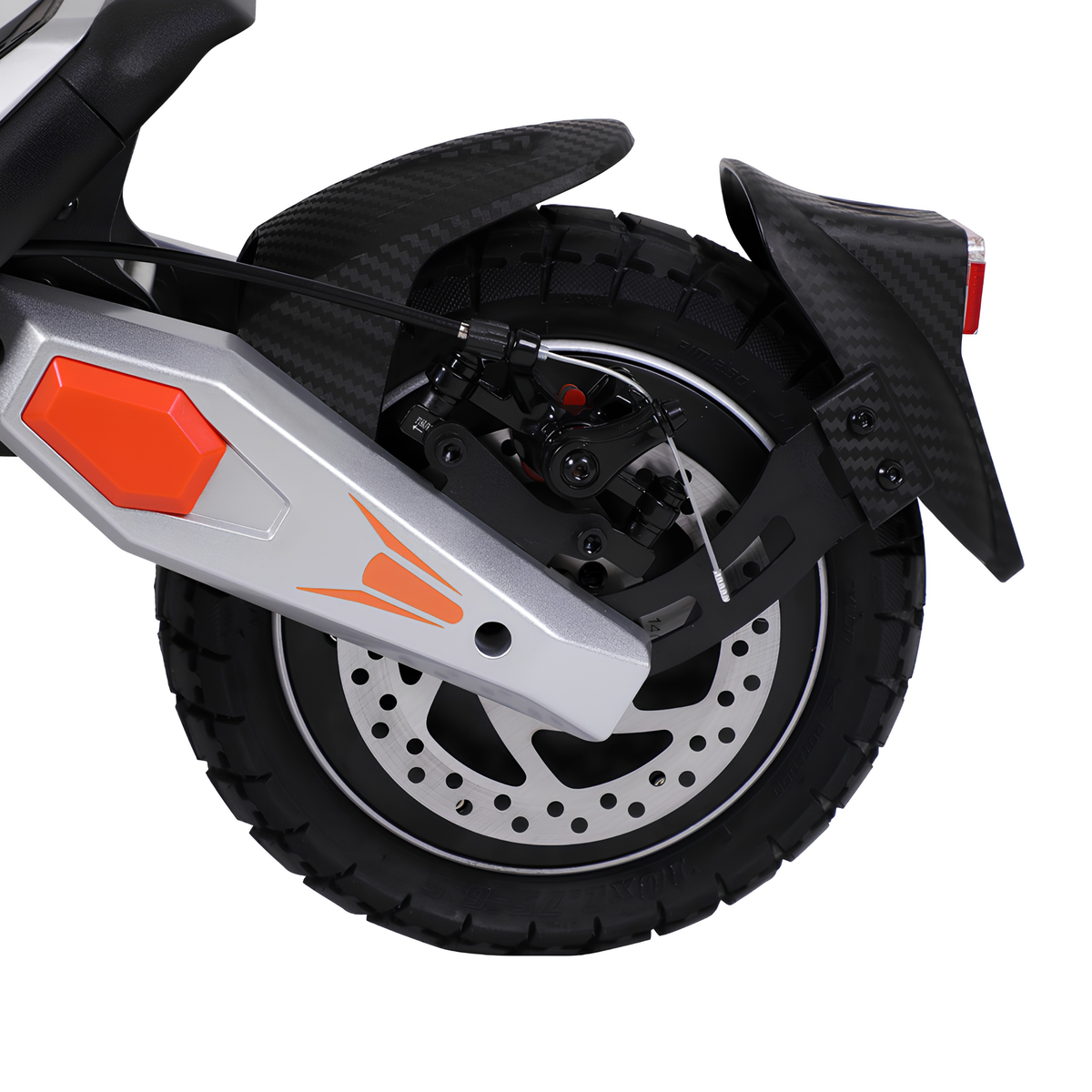 Rueda trasera del Wheely - J18 con freno de disco, guardabarros y basculante gris con detalles naranjas