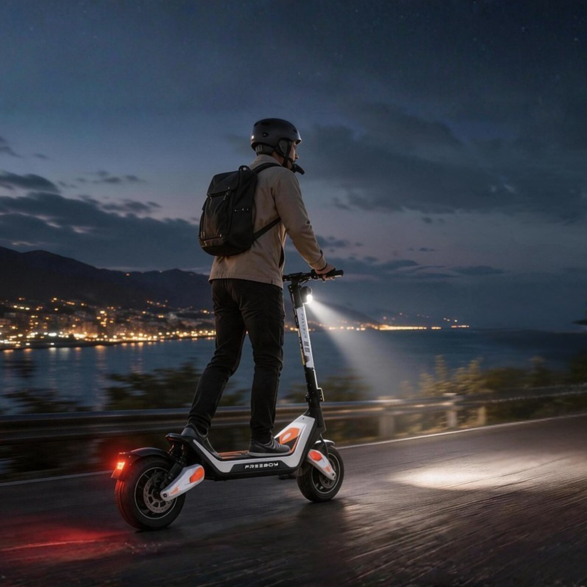 Persona con casco y mochila conduciendo el Wheely - J18 por una carretera costera al atardecer con el faro encendido