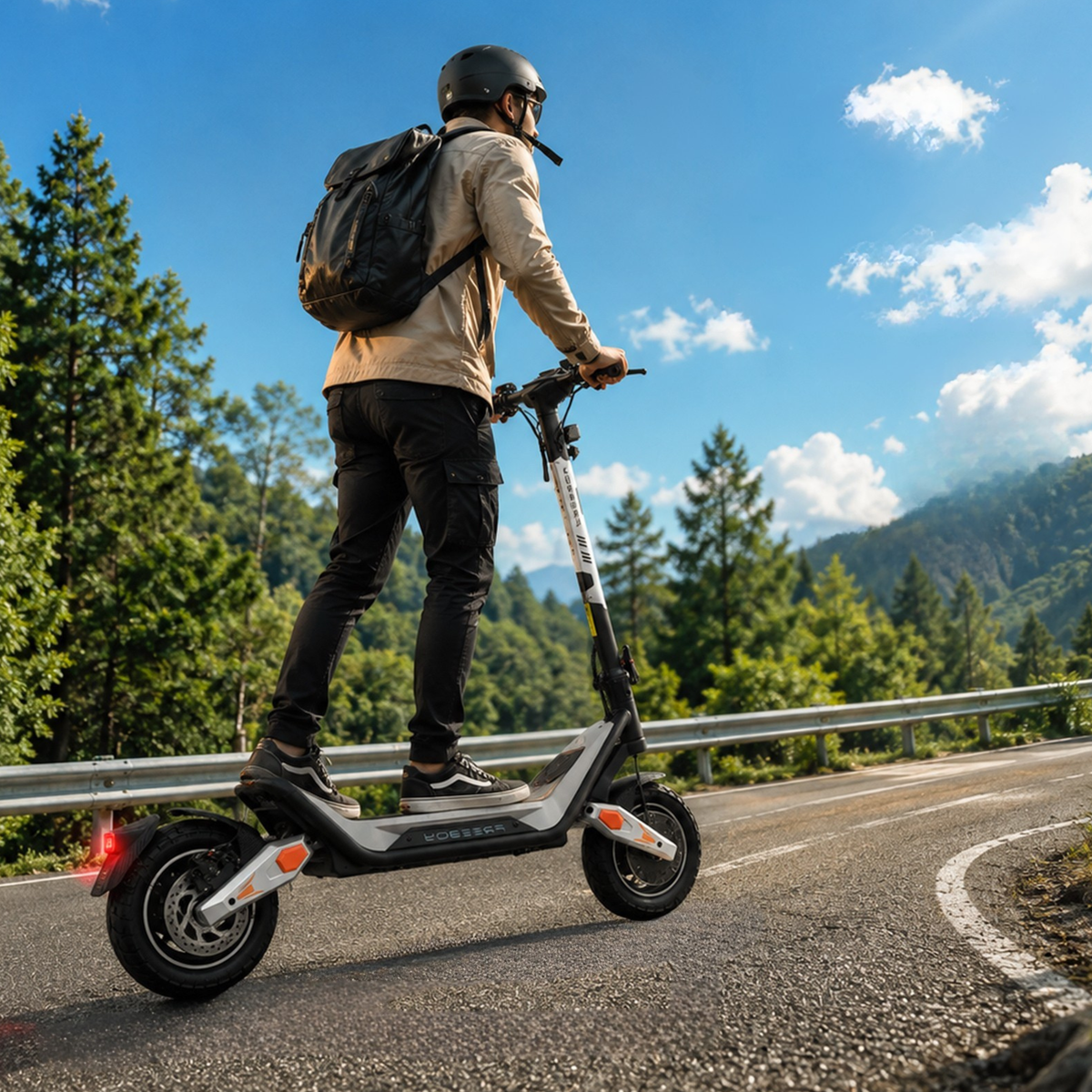 Persona con casco y mochila conduciendo el Wheely - J18 por una carretera con curvas en un bosque en un día soleado