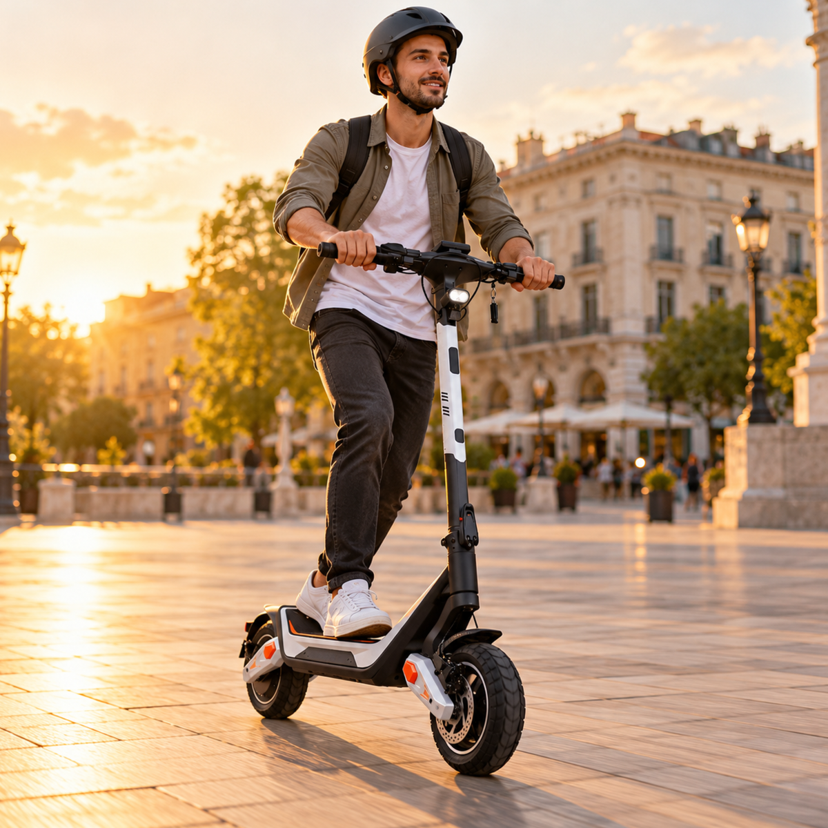 Persona sonriente con casco conduciendo el Wheely - J18 por una plaza empedrada al atardecer