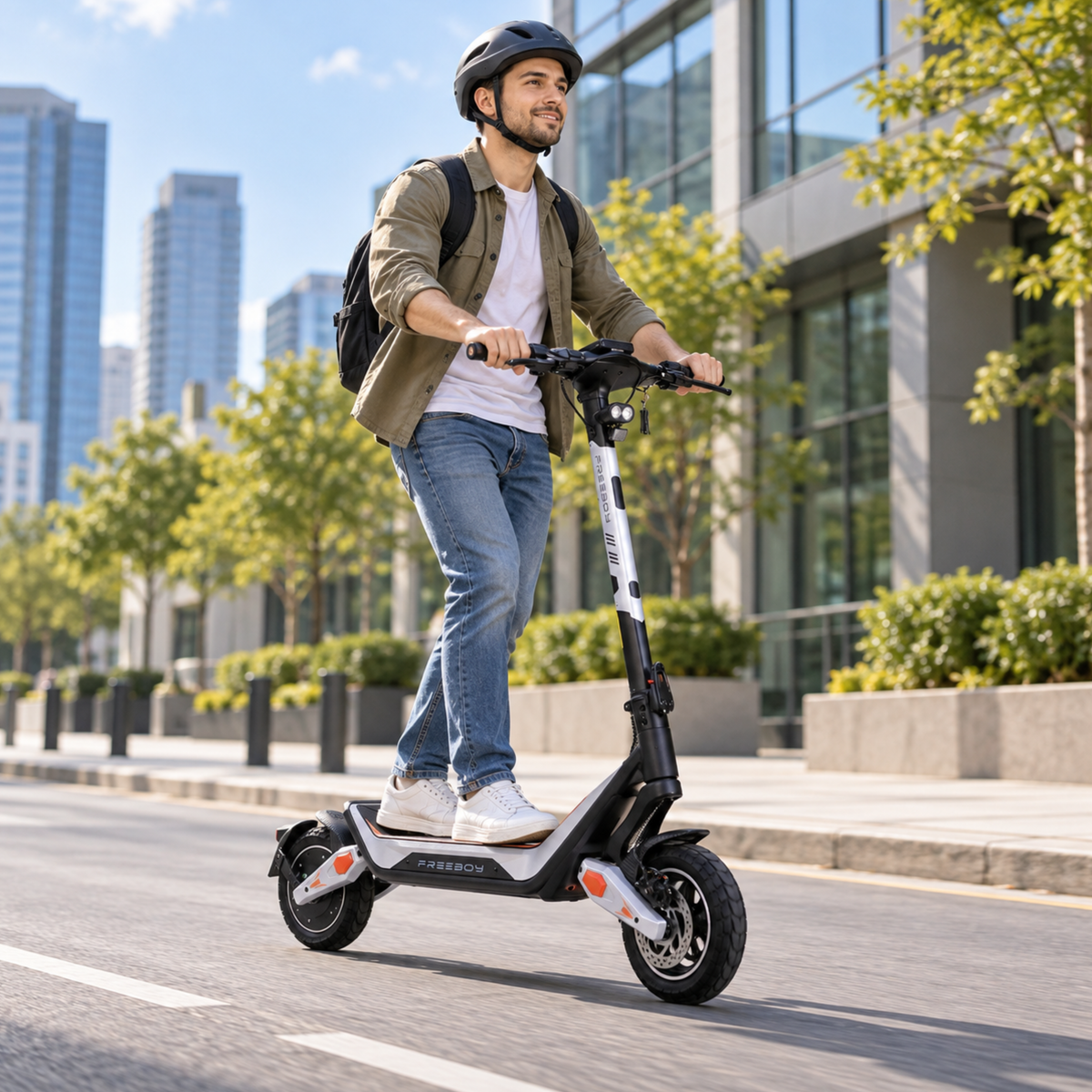 Hombre con casco conduciendo el Wheely - J18 por una calle de la ciudad con edificios y árboles