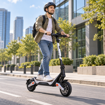 Hombre con casco conduciendo el Wheely - J18 por una calle de la ciudad con edificios y árboles