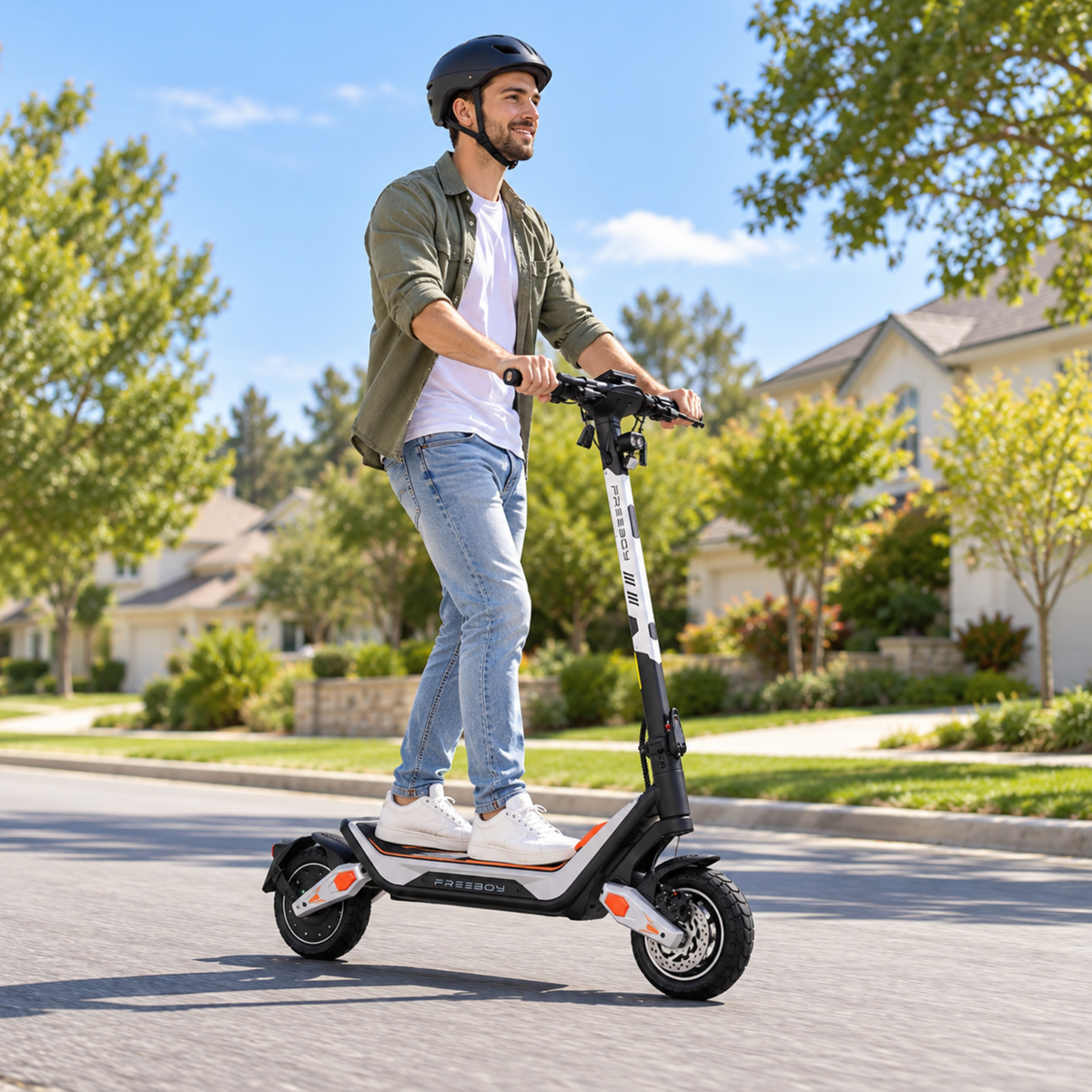Hombre con casco conduciendo el Wheely - J18 por una calle residencial con árboles y casas
