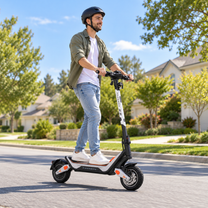 Hombre con casco conduciendo el Wheely - J18 por una calle residencial con árboles y casas