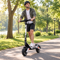Hombre con casco conduciendo el Wheely - J18 por un camino de parque entre árboles y césped