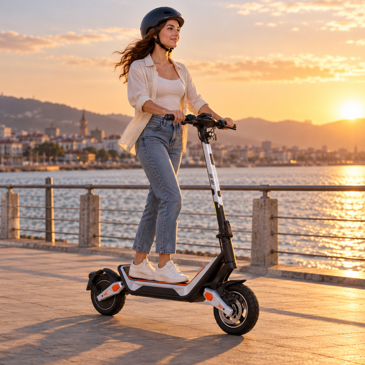 Wheely - J18 patinete eléctrico con conductor con casco en un paseo junto al agua al atardecer