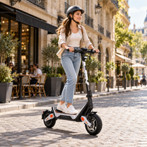 Wheely - J18 patinete eléctrico con conductor sonriente con casco en una calle adoquinada junto a un café