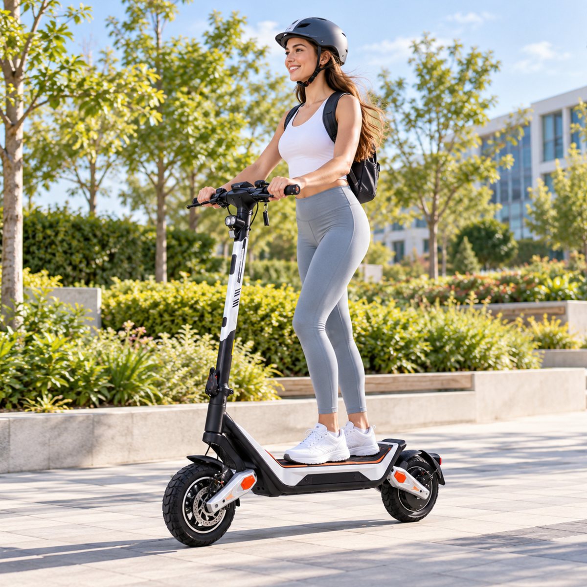 Wheely - J18 patinete eléctrico con conductor con casco y mochila en un parque urbano frondoso