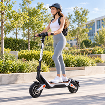 Wheely - J18 patinete eléctrico con conductor con casco y mochila en un parque urbano frondoso