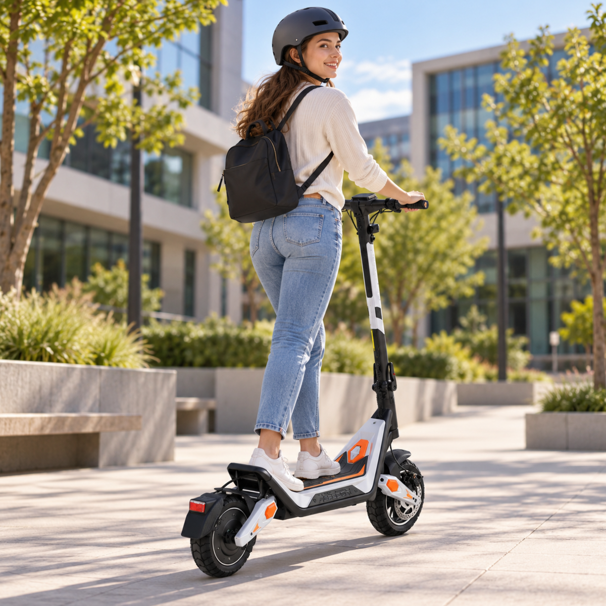 Wheely - J18 patinete eléctrico visto desde atrás con conductor con casco y mochila entre árboles y edificios