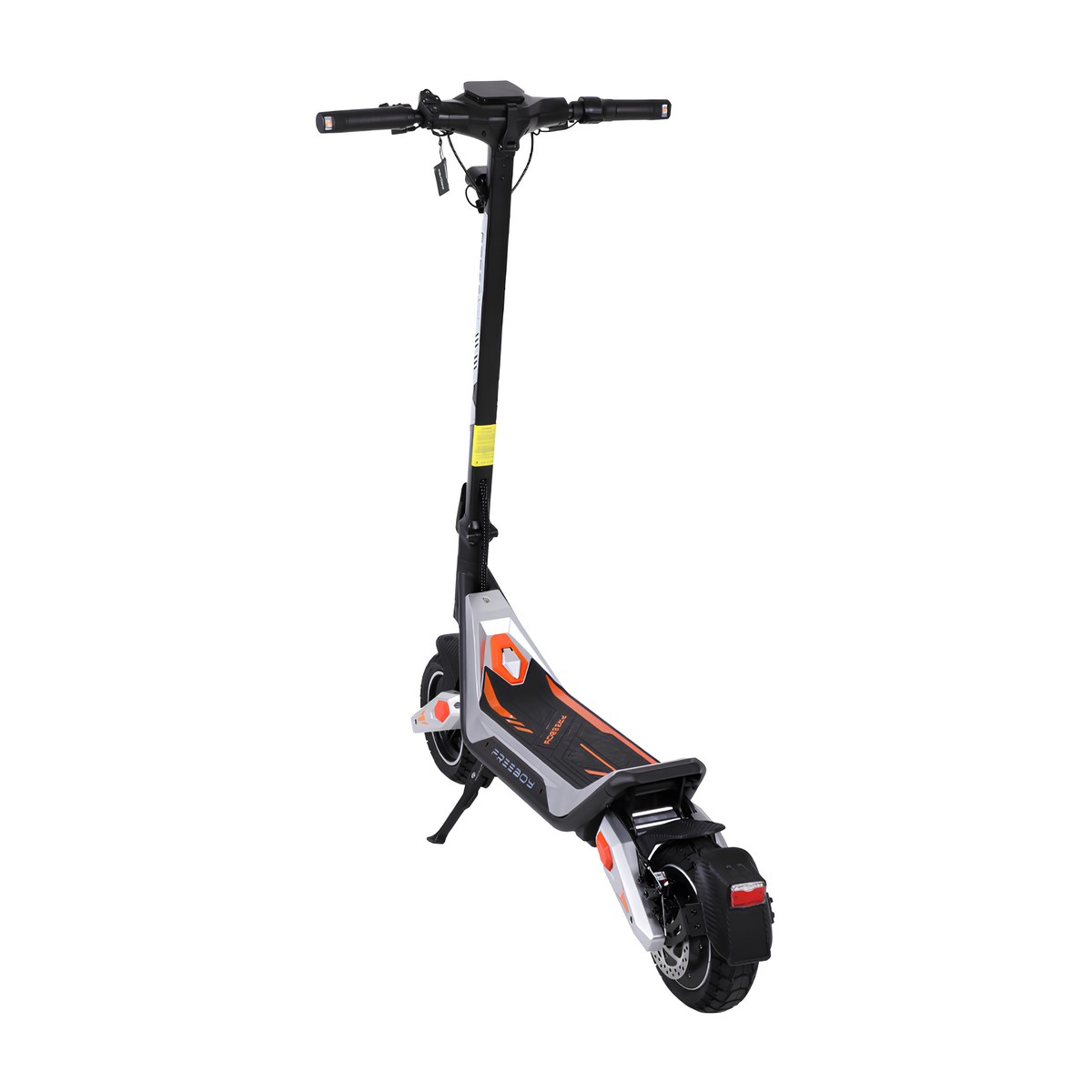 Wheely - J18 patinete eléctrico visto en diagonal desde atrás con plataforma, guardabarros trasero y luz trasera