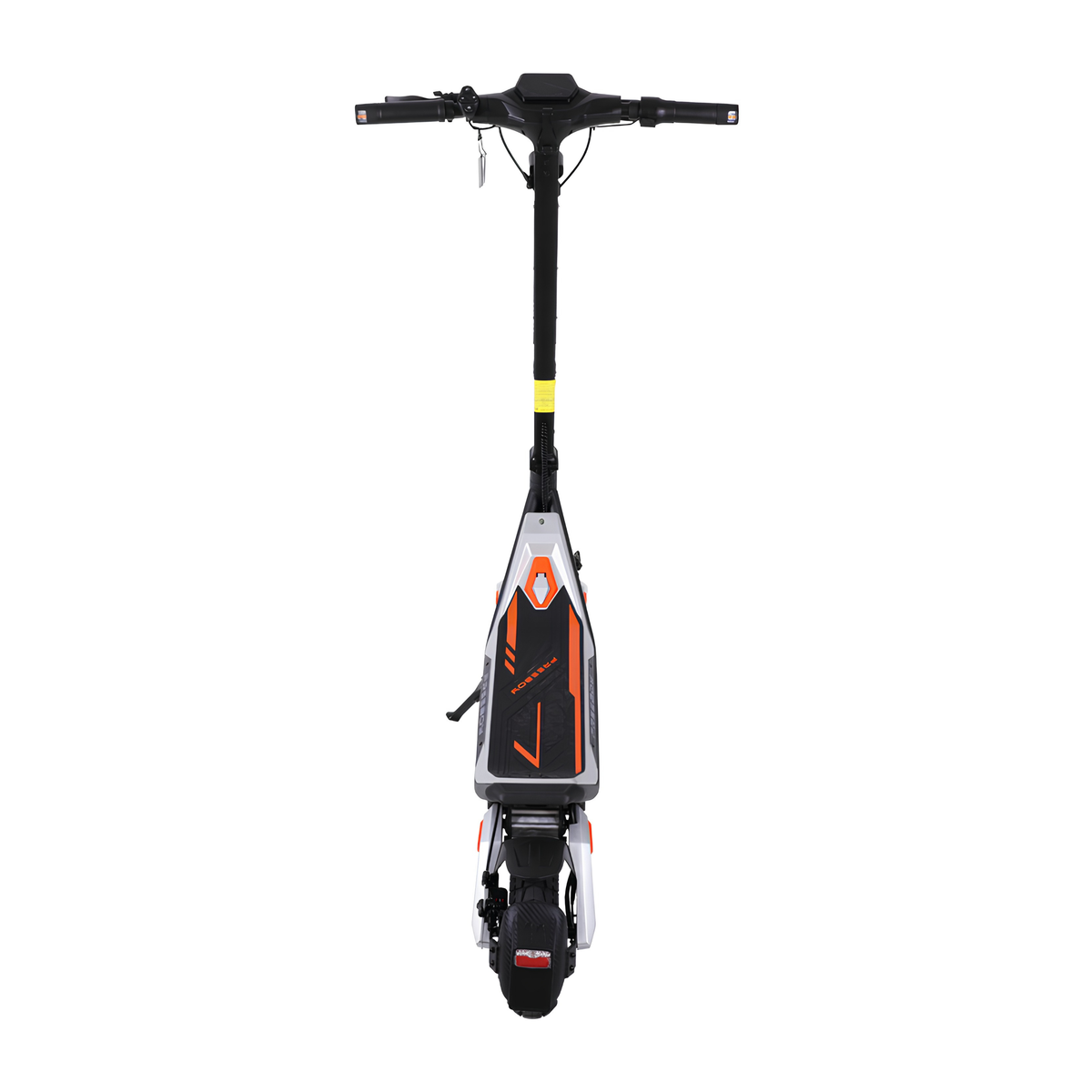 Wheely - J18 patinete eléctrico visto desde atrás con plataforma, manillar, guardabarros trasero y luz trasera