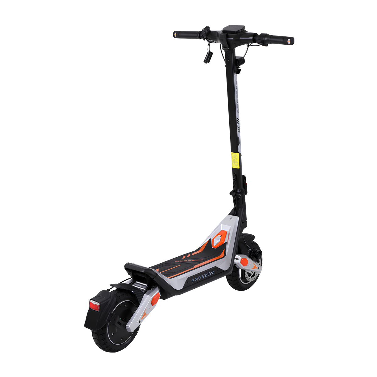 Wheely - J18 patinete eléctrico visto en diagonal desde atrás con plataforma, guardabarros y luz trasera
