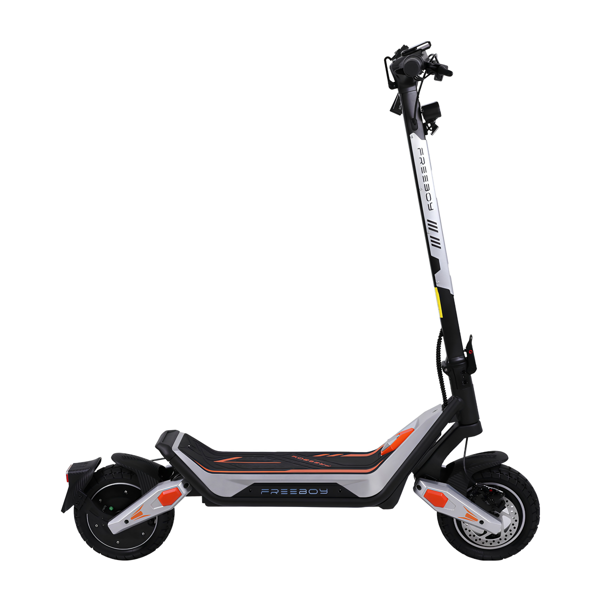 Wheely - J18 patinete eléctrico visto de lado con plataforma, columna de dirección y dos ruedas