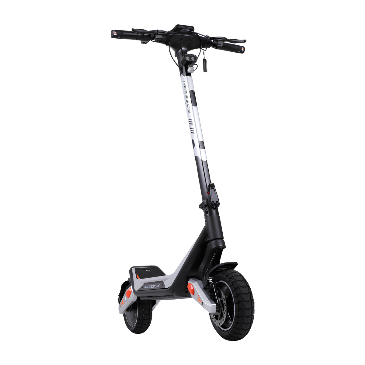 Wheely - J18 patinete eléctrico visto en diagonal desde delante con manillar, faro y rueda delantera