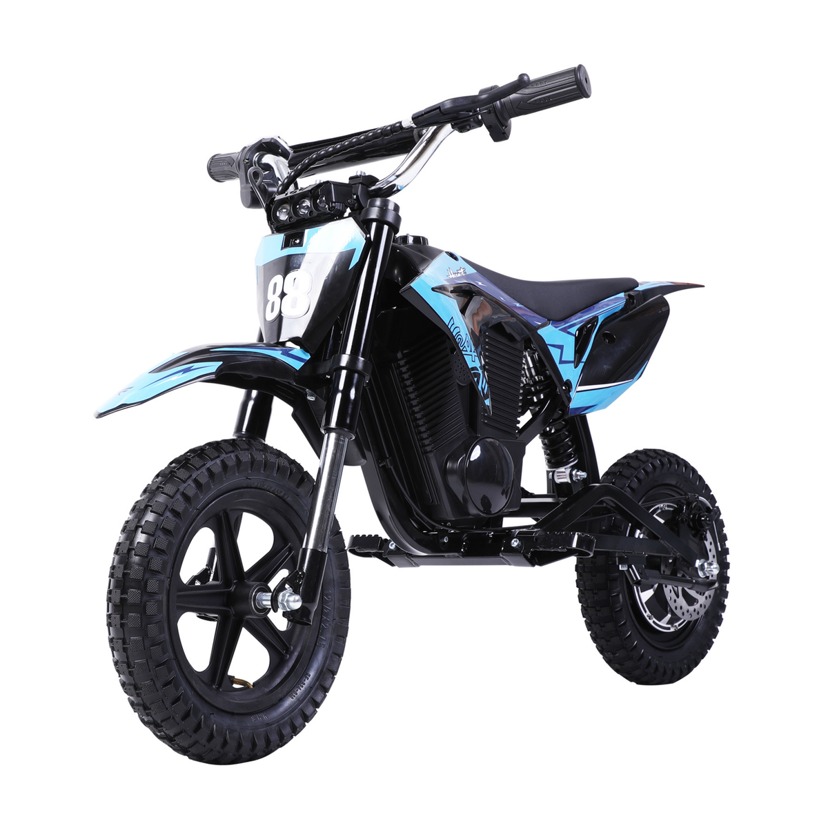 Wheely - Y3 moto eléctrica en azul y negro, vista en ángulo desde delante, con número de dorsal 88 y neumáticos de taco grueso