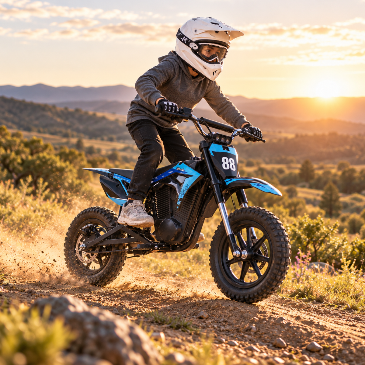 Wheely - Y3 conducida por un niño con casco en un sendero al atardecer