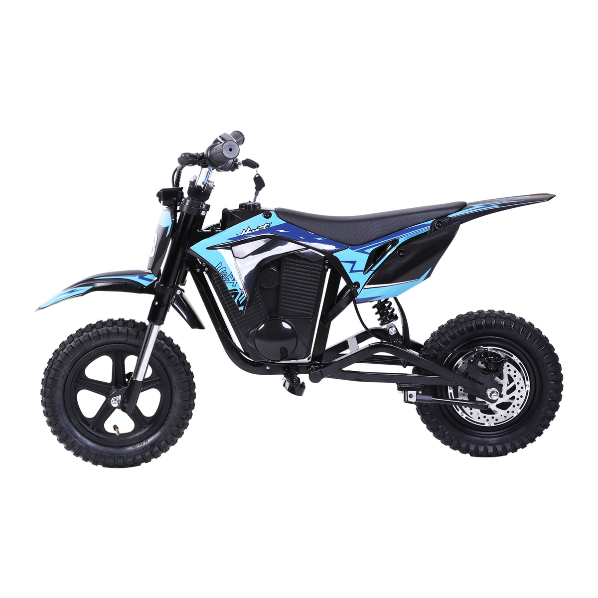 Wheely - Y3 moto eléctrica vista de lado con carenados azules y negros, sillín, amortiguador trasero y disco de freno trasero