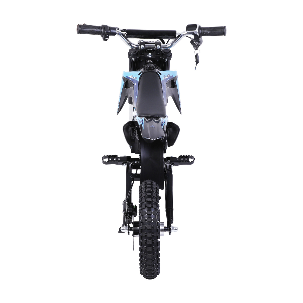 Wheely - Y3 moto eléctrica vista justo desde atrás con manillar, llave, sillín, estriberas y neumático trasero