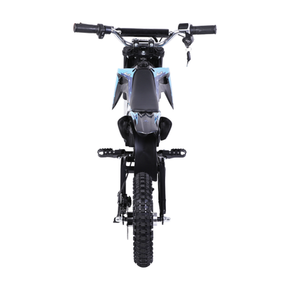Wheely - Y3 moto eléctrica vista justo desde atrás con manillar, llave, sillín, estriberas y neumático trasero