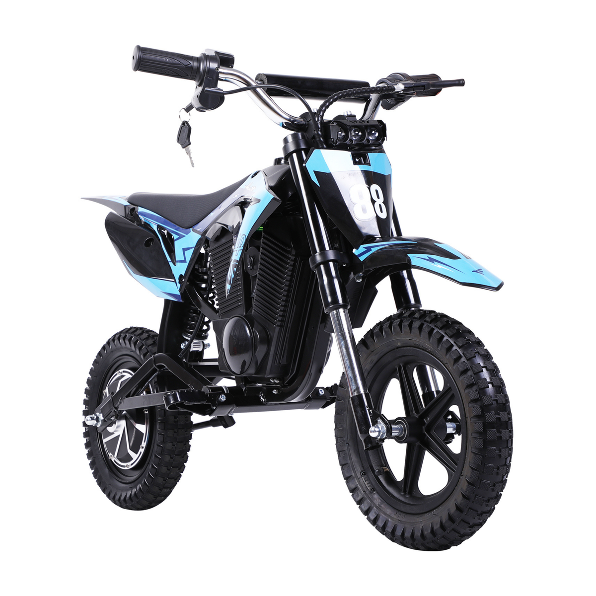 Wheely - Y3 moto eléctrica en negro y azul, vista desde delante en ángulo, con número de dorsal 88