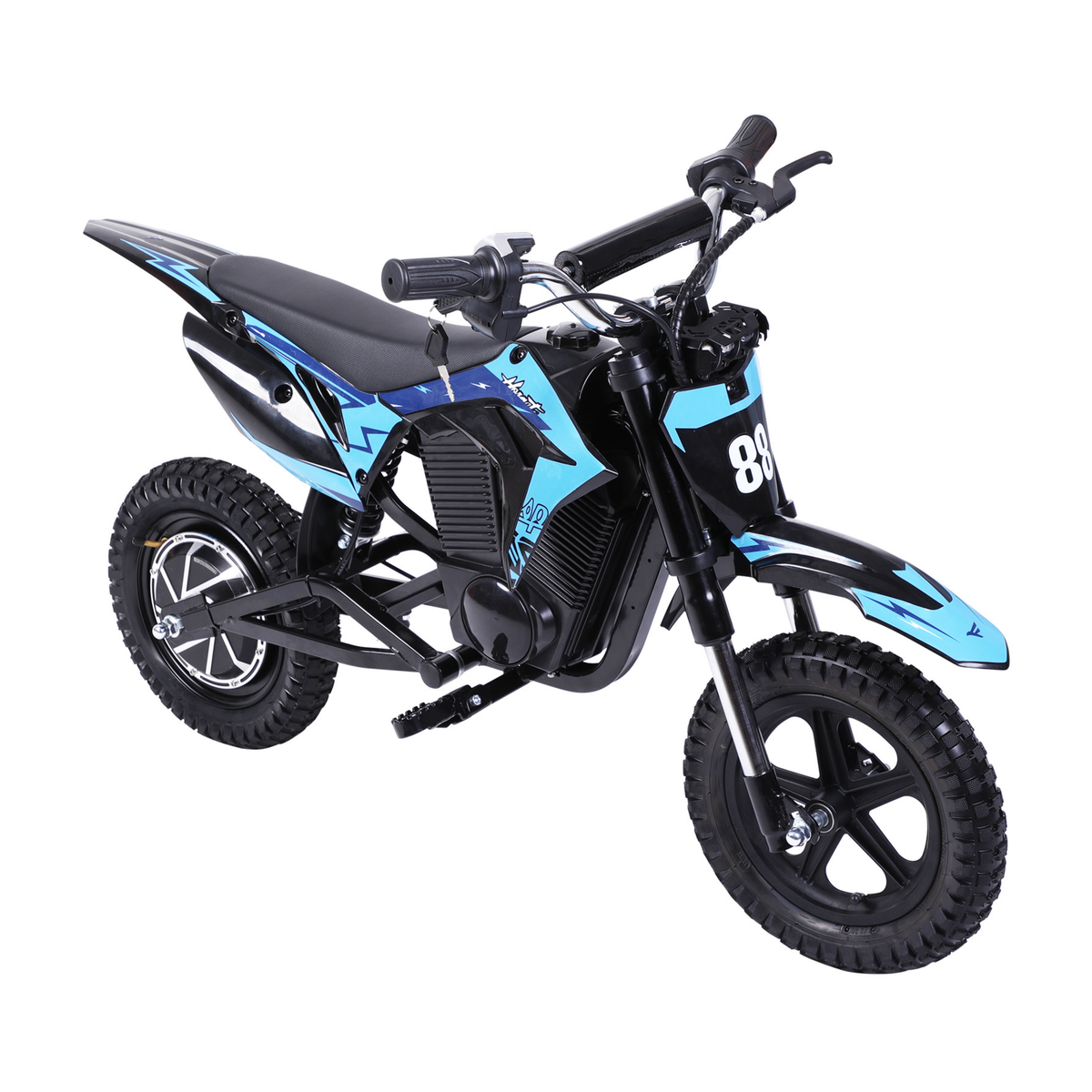 Wheely - Y3 moto eléctrica en negro y azul, vista en ángulo desde delante por la izquierda, con sillín, manillar y neumáticos todoterreno