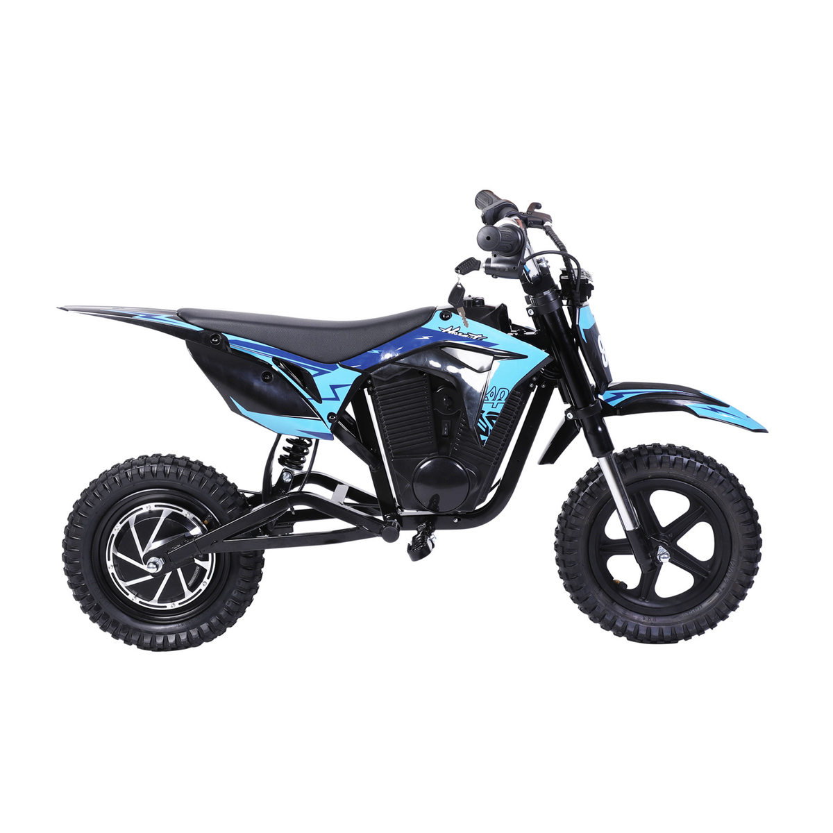 Wheely - Y3 moto eléctrica en negro y azul, vista de lado con sillín, chasis y neumáticos de taco grueso
