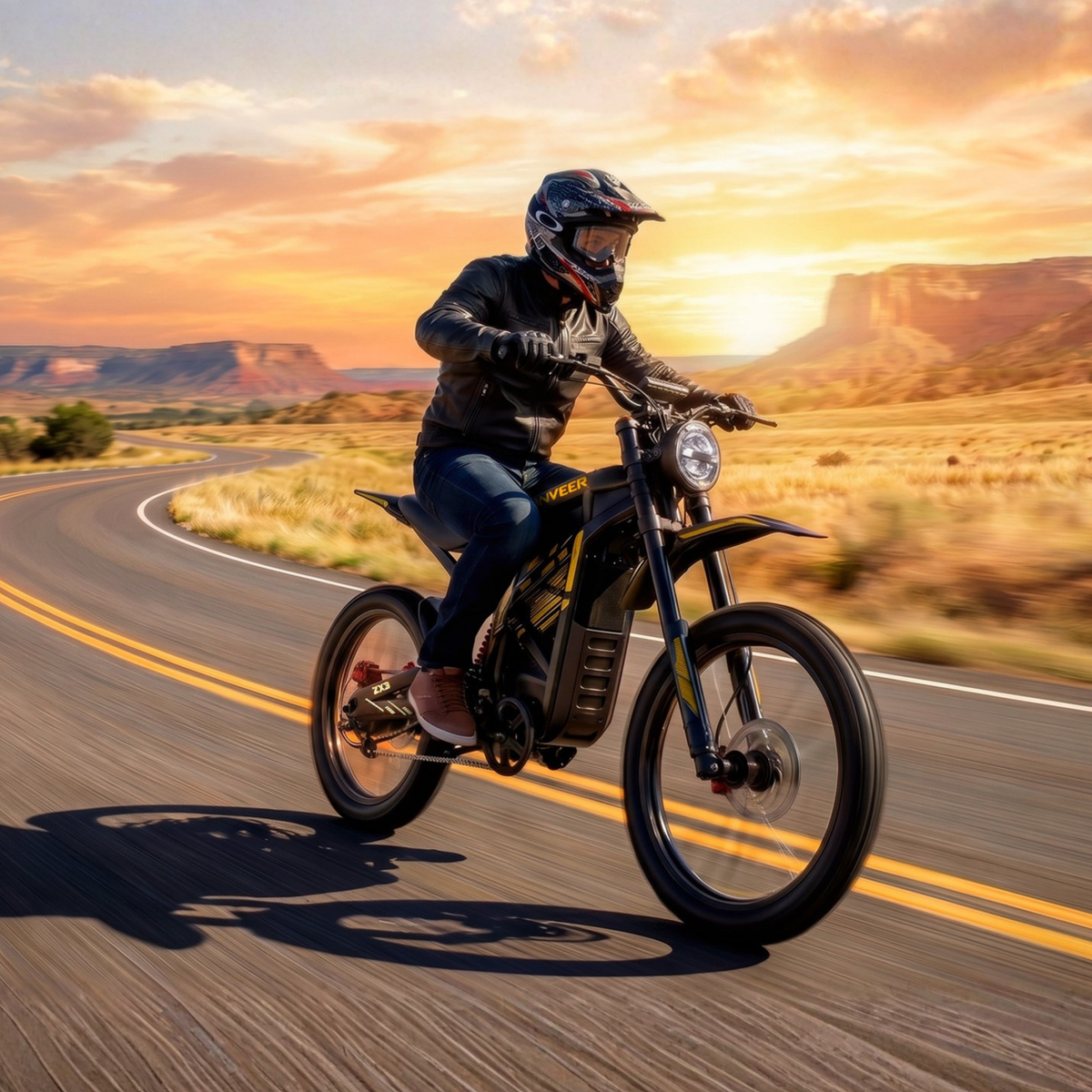 Hombre montando la bicicleta eléctrica ZONVEER ZX3 por la carretera al atardecer