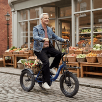 Hombre montando el triciclo eléctrico APEFOX RH30 por la ciudad