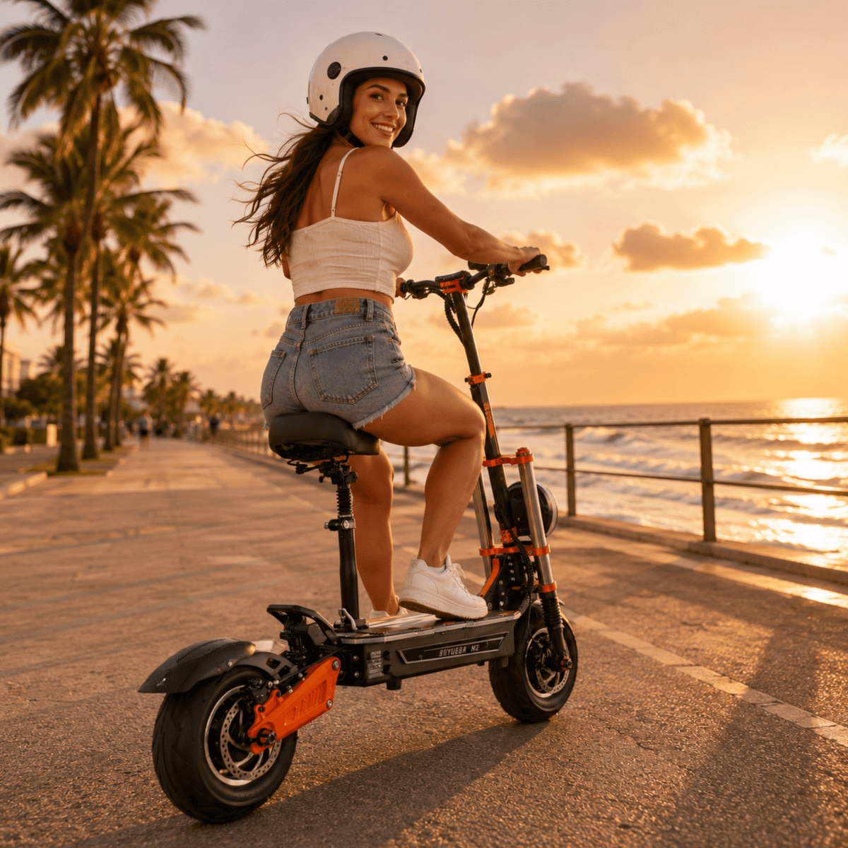 Mujer montando el patinete eléctrico BOYUEDA M2 junto al mar