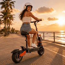 Mujer montando el patinete eléctrico BOYUEDA M2 junto al mar