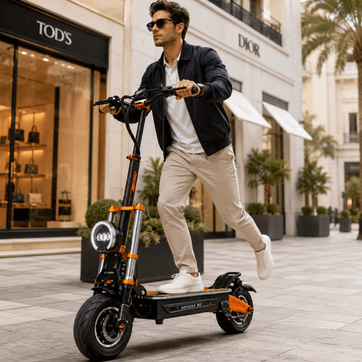 Hombre montando el patinete eléctrico BOYUEDA M2 por una calle