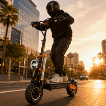 Hombre montando el patinete eléctrico BOYUEDA M2 al atardecer