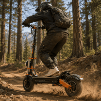 Piloto con el patinete eléctrico BOYUEDA M2 fuera de pista en el bosque