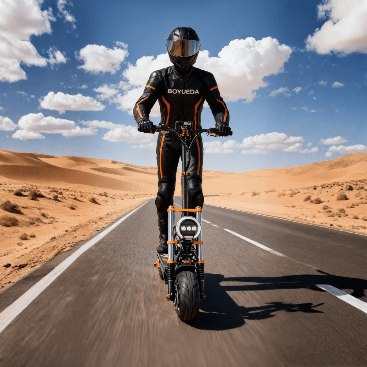 Hombre montando el patinete eléctrico BOYUEDA M2 por la carretera