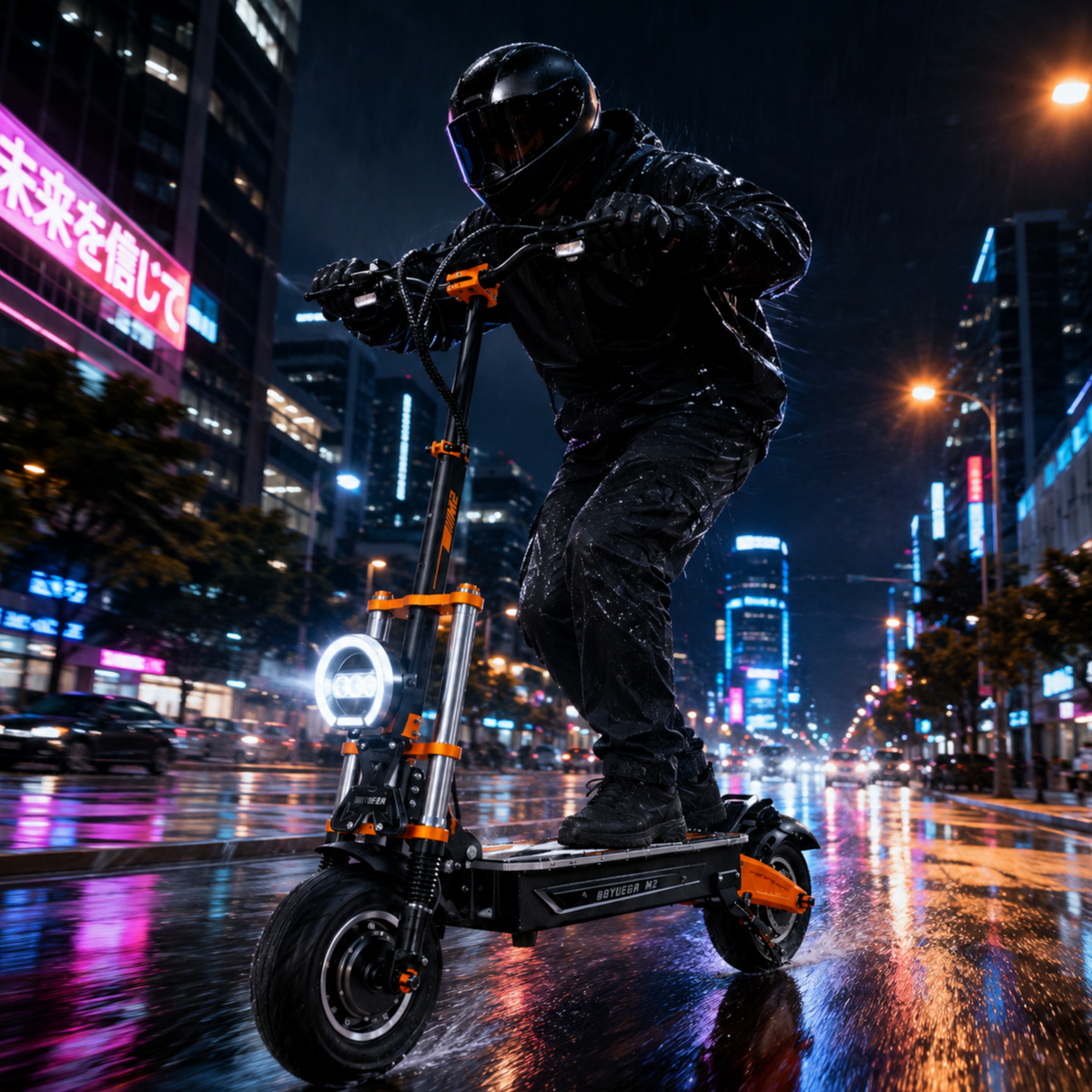 Hombre montando el patinete eléctrico BOYUEDA M2 en un ambiente nocturno