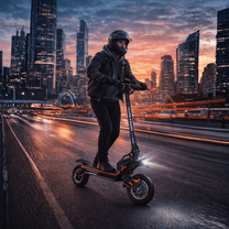 Hombre montando el patinete eléctrico DUALTRON Alien al atardecer