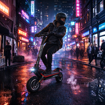 Hombre montando el patinete eléctrico DUALTRON Alien en un ambiente nocturno