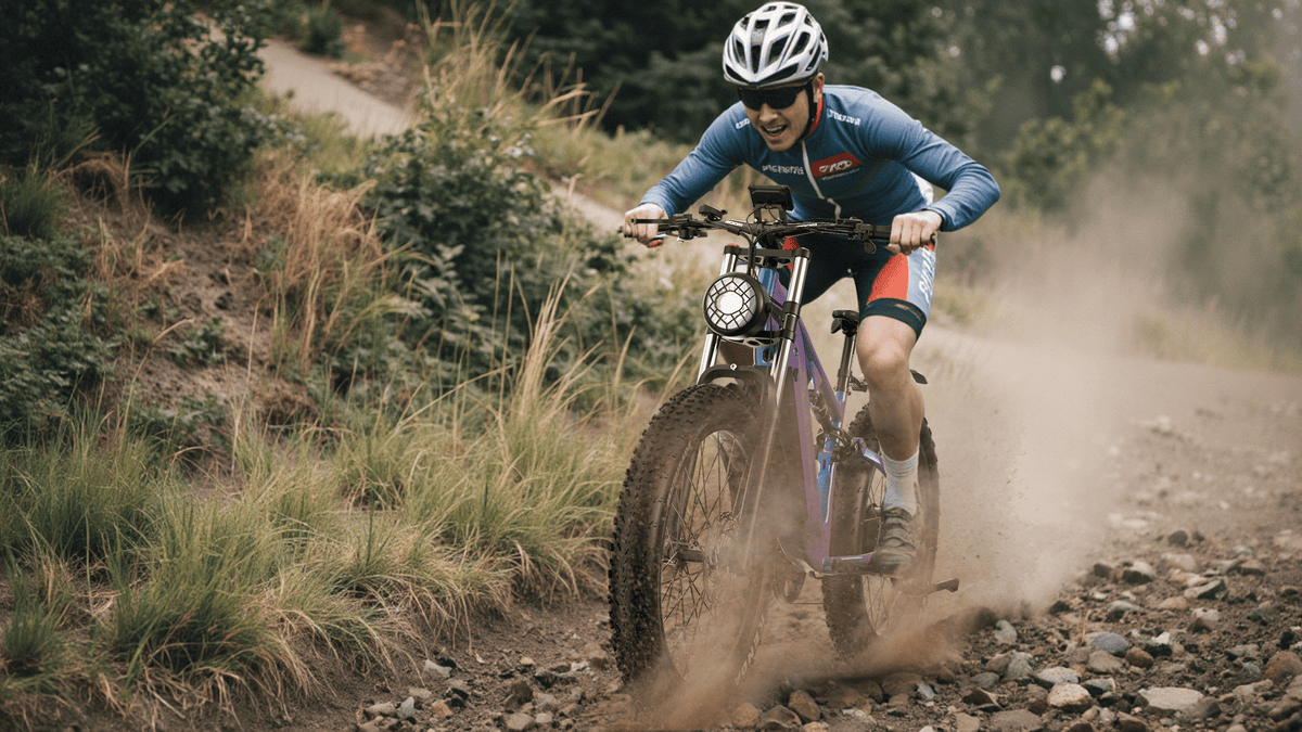 Piloto con la bicicleta eléctrica fat bike Duotts E26 fuera de pista en el bosque