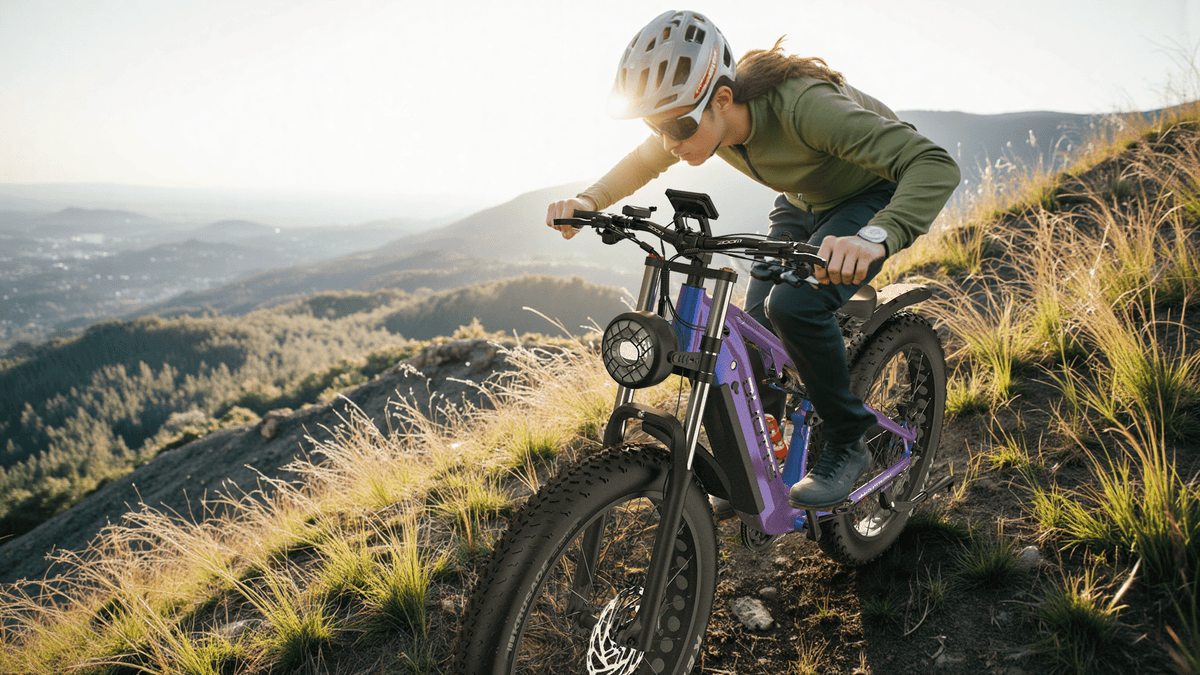 Hombre montando la bicicleta eléctrica fat bike Duotts E26 sobre el césped