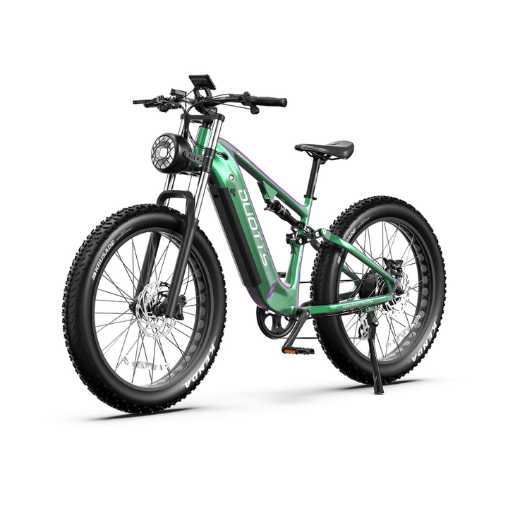 Bicicleta eléctrica fat bike Duotts E26 en vista frontal en ángulo en color verde