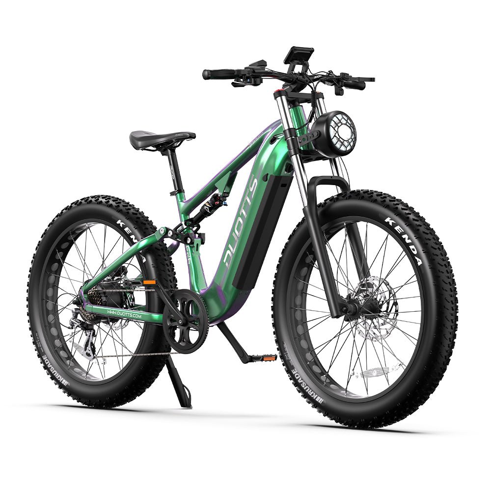 Bicicleta eléctrica fat bike Duotts E26 en vista frontal en ángulo en color verde