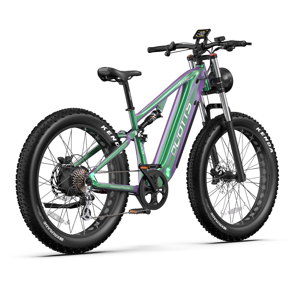 Bicicleta eléctrica fat bike Duotts E26 en vista frontal en ángulo en color verde