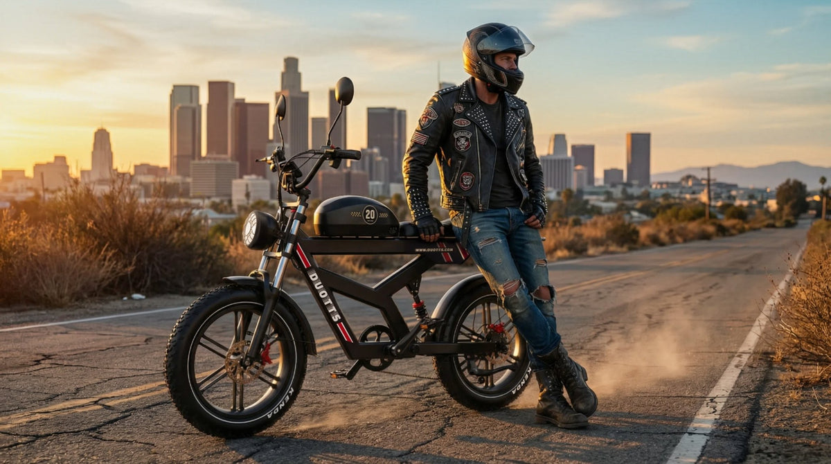 Hombre de pie junto a la bicicleta eléctrica fat bike Duotts F20 en la carretera