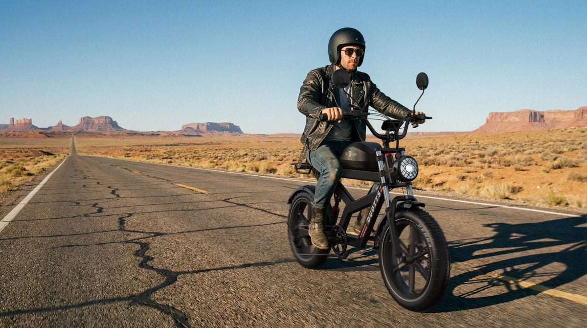 Hombre montando la bicicleta eléctrica fat bike Duotts F20 por la carretera