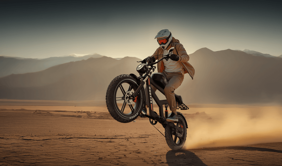 Piloto saltando con la bicicleta eléctrica fat bike Duotts F20 al atardecer
