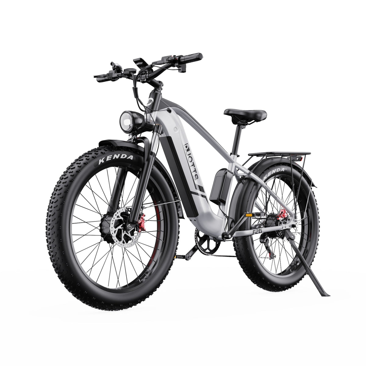 Bicicleta eléctrica fat bike Duotts F26 en vista frontal en ángulo en color gris
