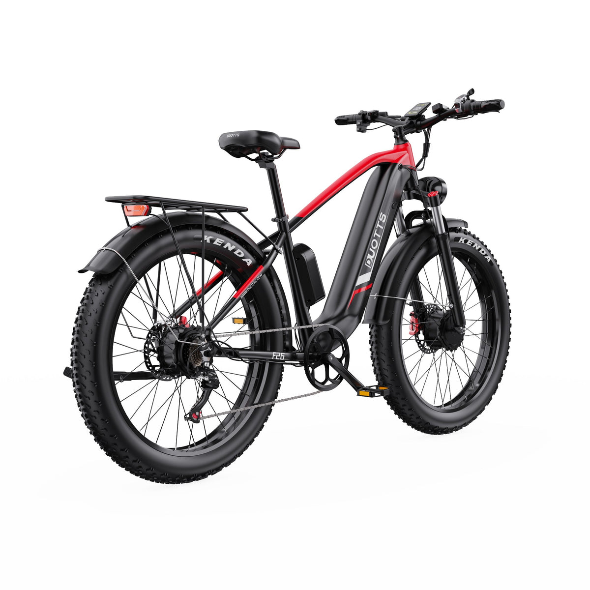 Bicicleta eléctrica fat bike Duotts F26 vista en ángulo desde atrás en color rojo