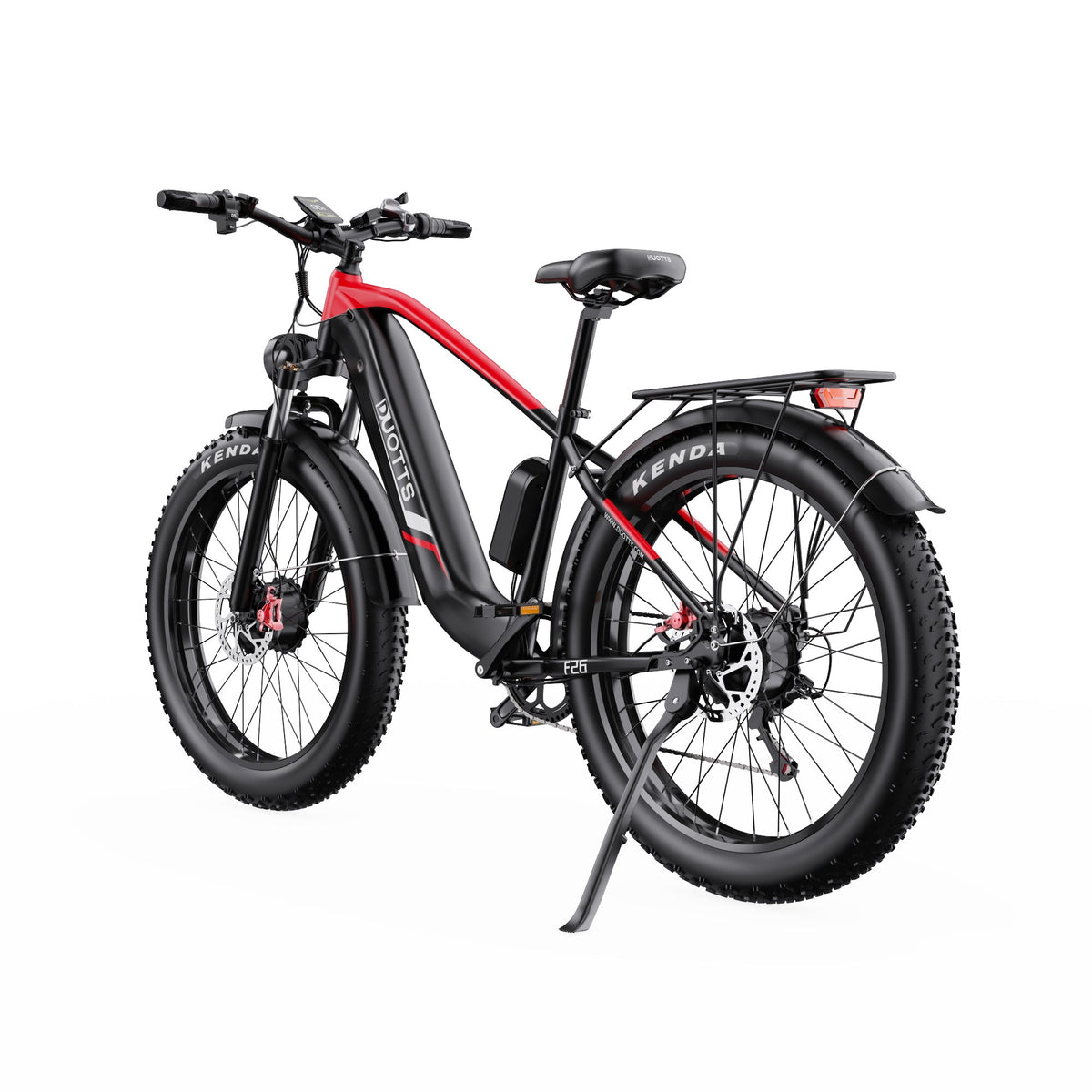 Bicicleta eléctrica fat bike Duotts F26 vista en ángulo desde atrás en color rojo