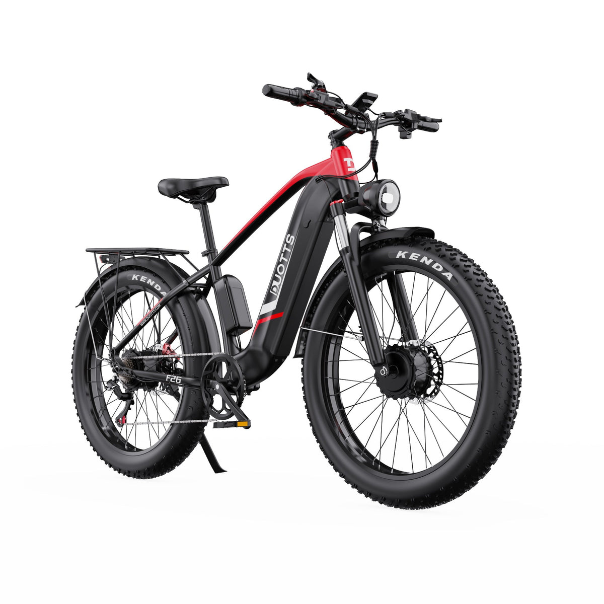 Bicicleta eléctrica fat bike Duotts F26 en vista frontal en ángulo en color rojo